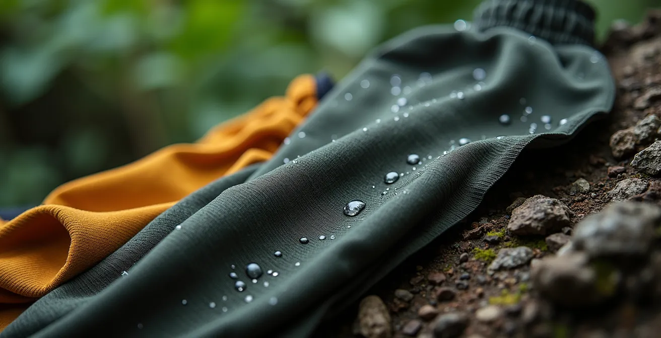 Abbigliamento tecnico per la giungla disposto su tronco: camicia a maniche lunghe, pantaloni con ghette, guanti e cappello a tesa larga