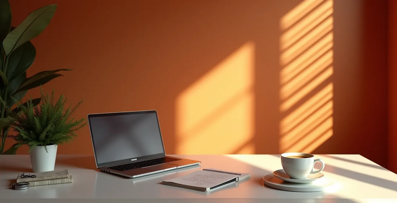 Scrivania professionale italiana con setup per comunicazione digitale post-colloquio