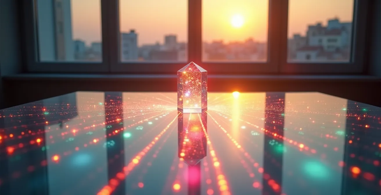 Visualizzazione astratta di un flusso di automazione per la rassegna stampa con elementi AI