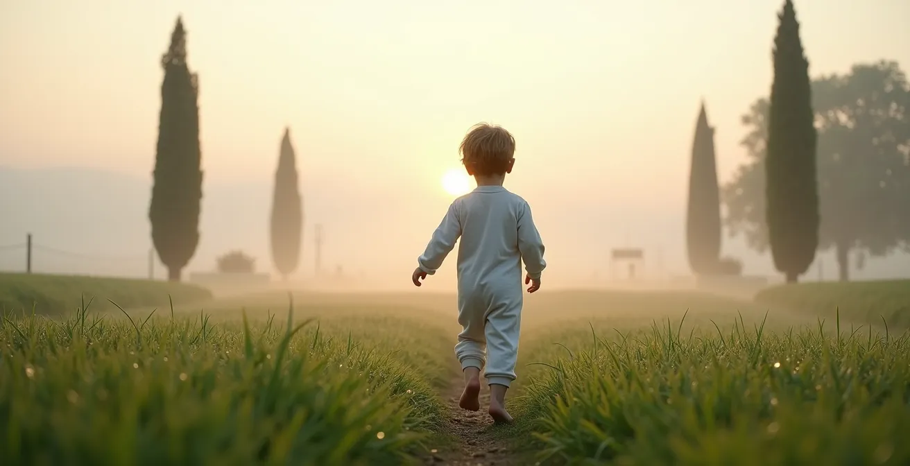 Bambino che cammina a piedi nudi sull'erba bagnata di rugiada in giardino italiano