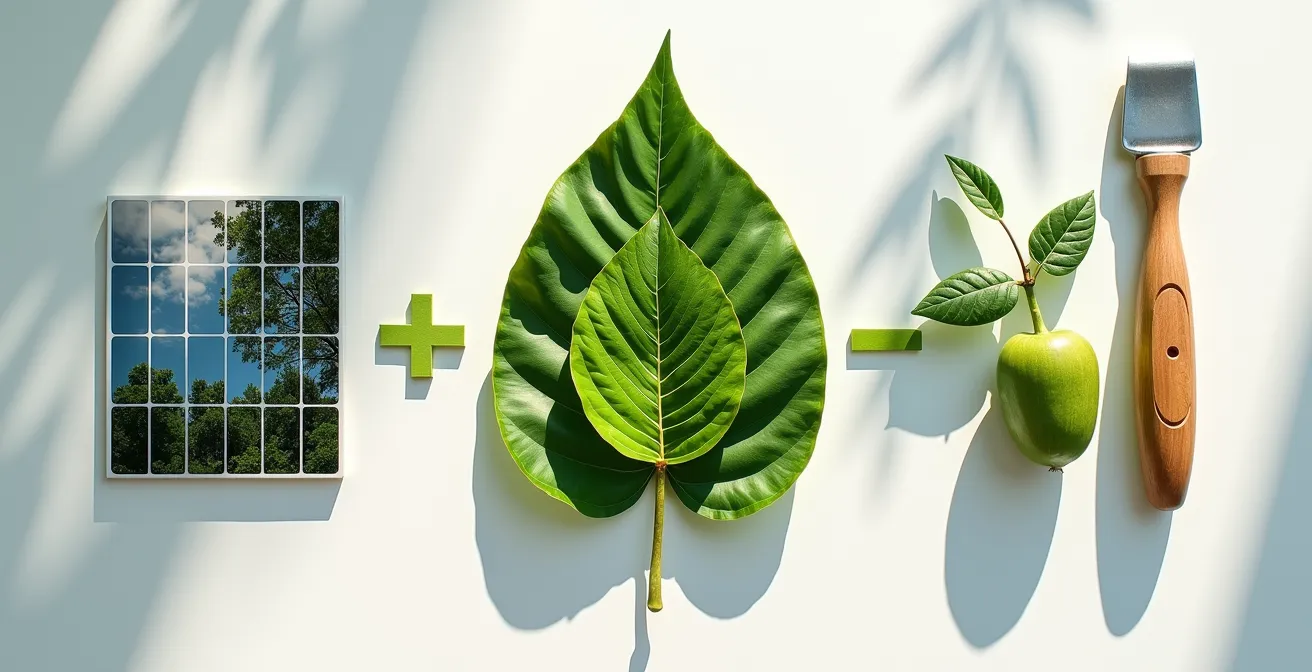 Composizione simbolica con elementi naturali che rappresentano investimenti in sostenibilità