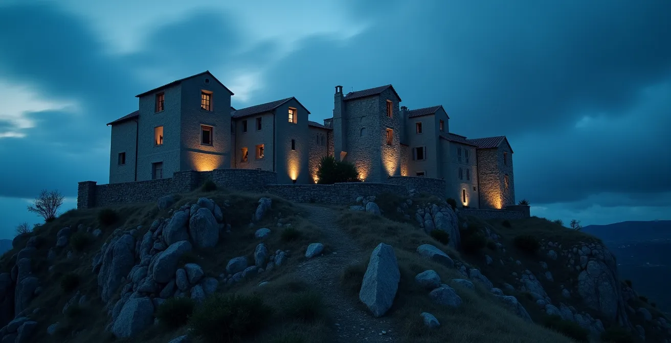 Vista del borgo abbandonato di Craco in Basilicata con case medievali arroccate sulla collina al tramonto