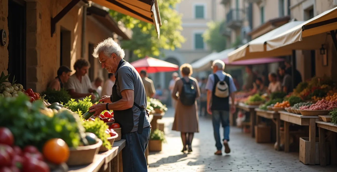Piccola piazza di borgo toscano con mercato locale, persone del posto che fanno la spesa tra banchi di frutta e verdura