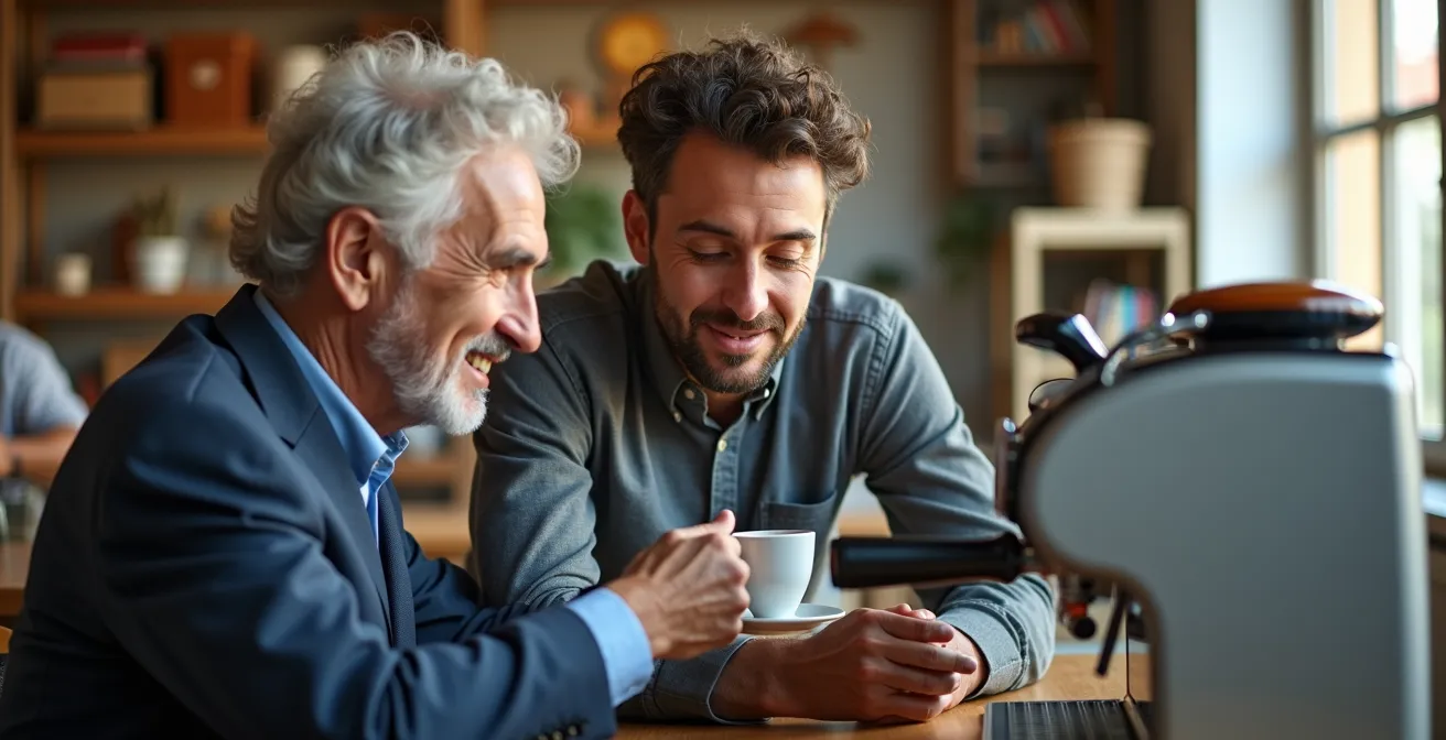 Momento di pausa caffè tra colleghi in ufficio italiano