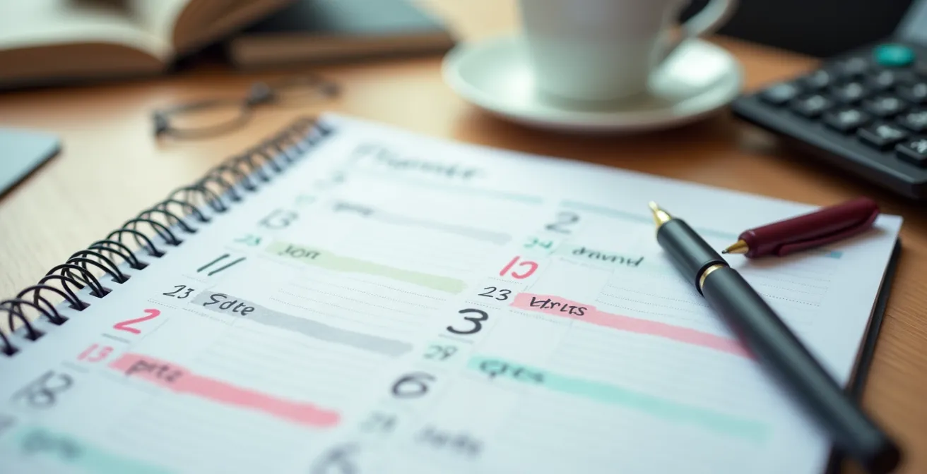 Agenda cartacea con evidenziatore e calcolatrice su scrivania organizzata