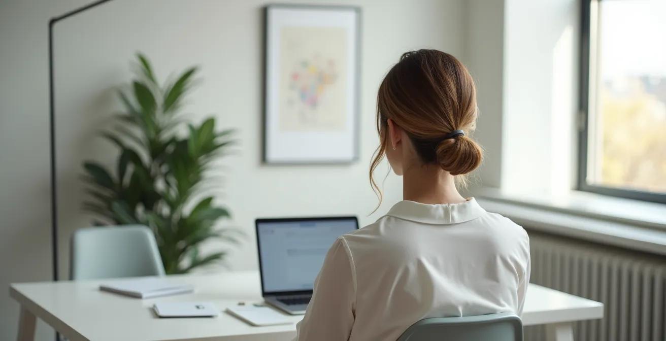 Donna con chignon basso elegante e capelli lucenti per videochiamata professionale