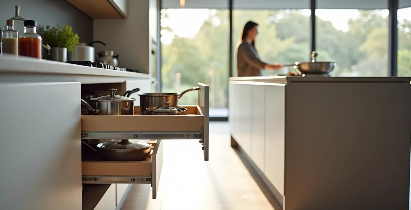 Sistema di cestelli estraibili in cucina che elimina la necessità di piegarsi per raggiungere pentole