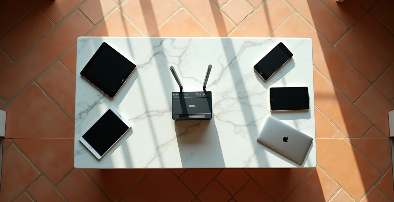 Vista dall'alto di dispositivi multipli collegati alla stessa rete domestica
