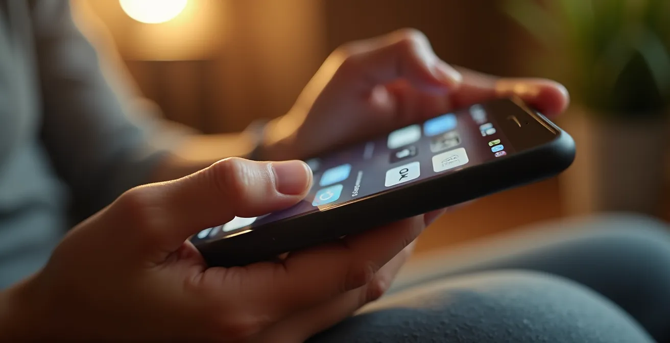 Mani che configurano le impostazioni di uno smartphone per il weekend