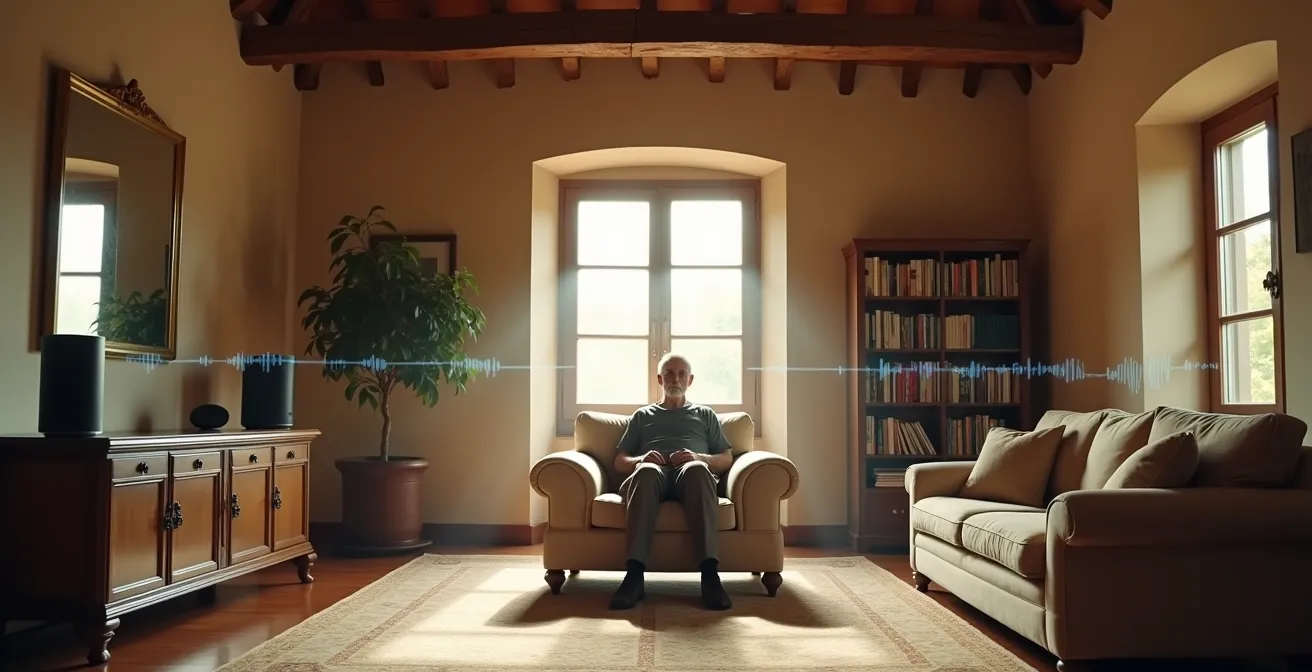 Salotto italiano con soffitti alti e dispositivi smart speaker posizionati strategicamente