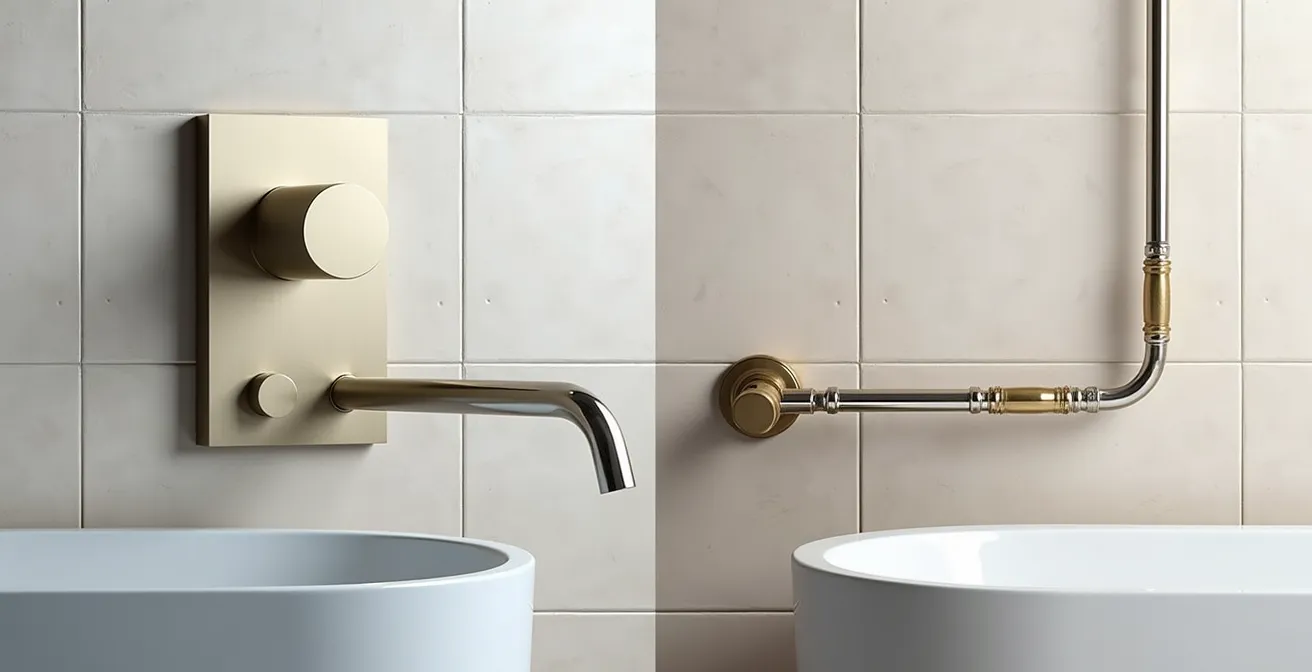 Vista laterale comparativa di installazione miscelatore ad incasso e esterno su parete bagno