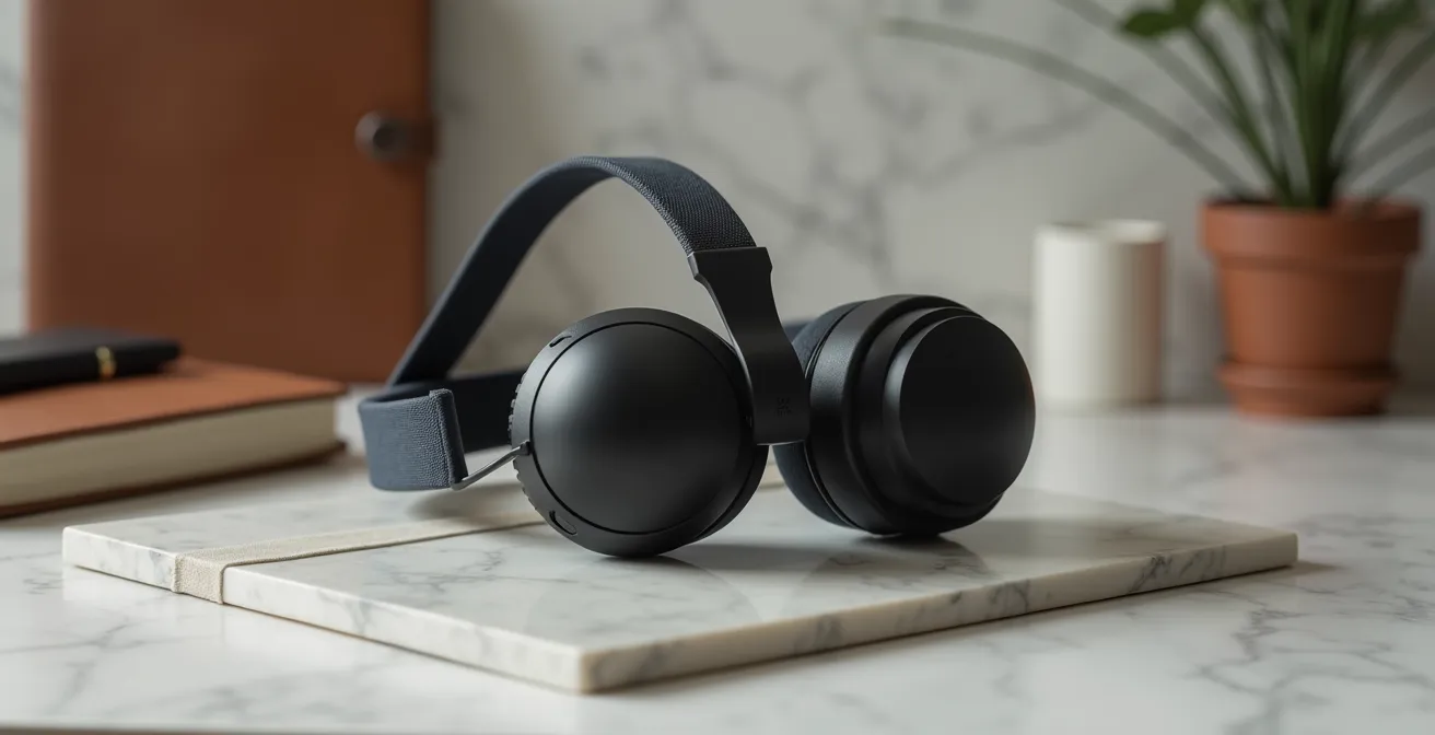 Dettaglio macro di visore Meta Quest 3 su scrivania italiana con elementi di design minimale