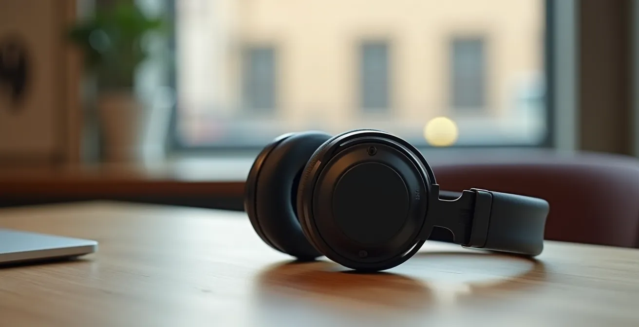 Cuffie professionali su scrivania in coworking con sfondo urbano sfocato