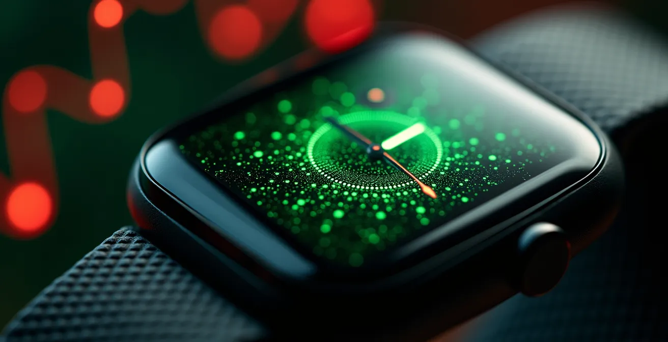 Primo piano macro di un sensore fitness che monitora parametri vitali, con riflessi di grafici e numeri sfocati sullo sfondo