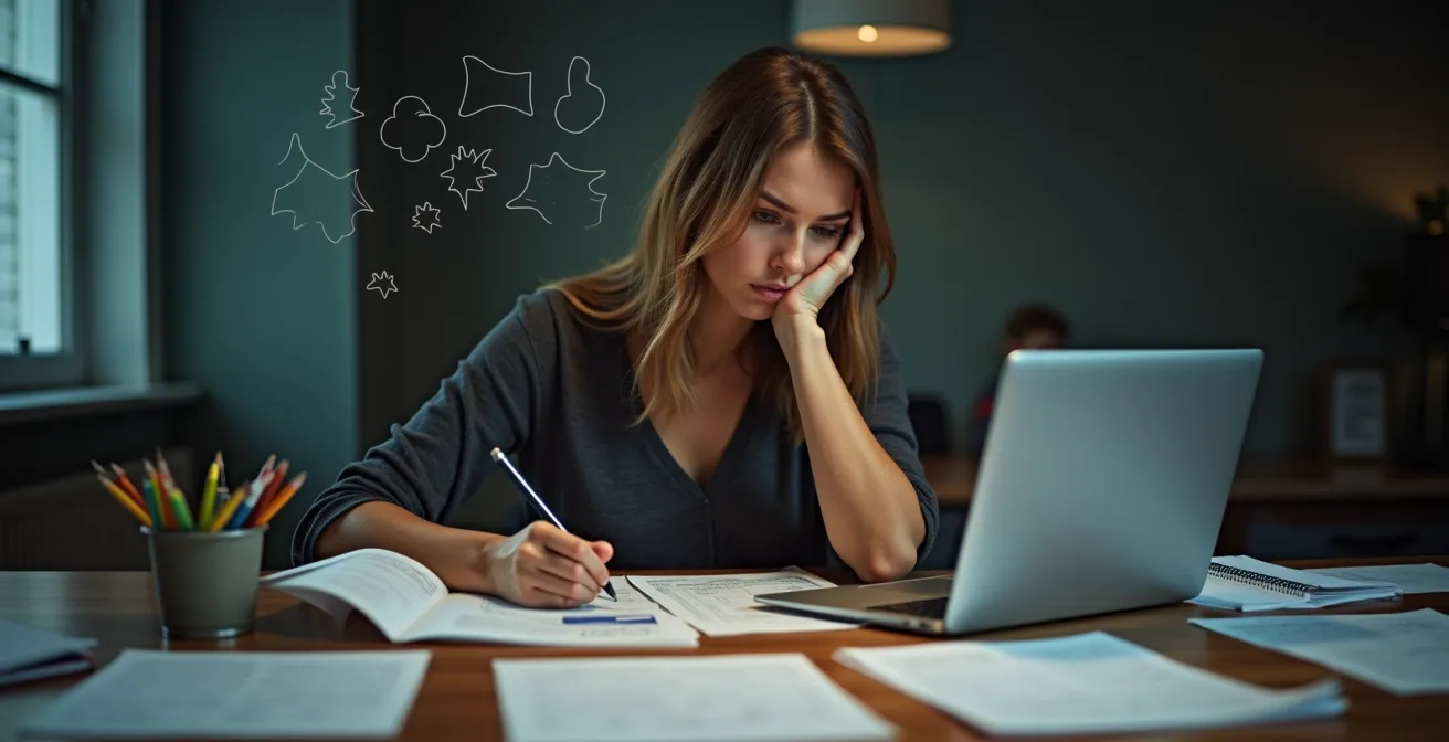 Donna seduta al tavolo con documenti di lavoro e lista della spesa, mostrando il sovraccarico mentale