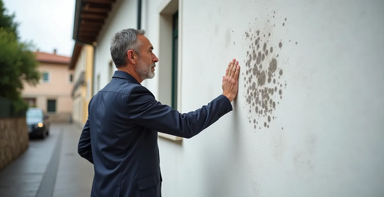 Dettaglio della facciata con effetto leopardo causato da tassellatura errata