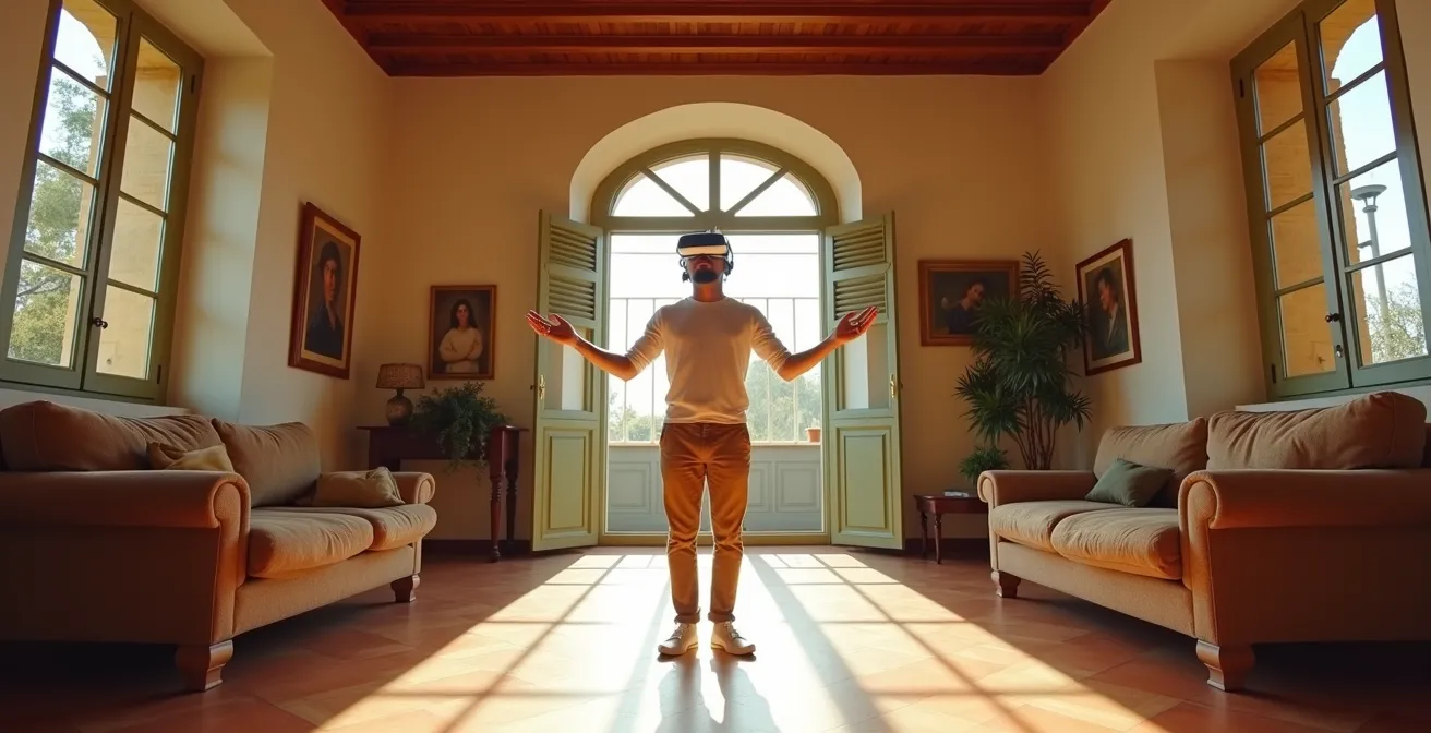 Vista grandangolare di persona con visore VR in salotto italiano che gesticola davanti a opere d'arte virtuali