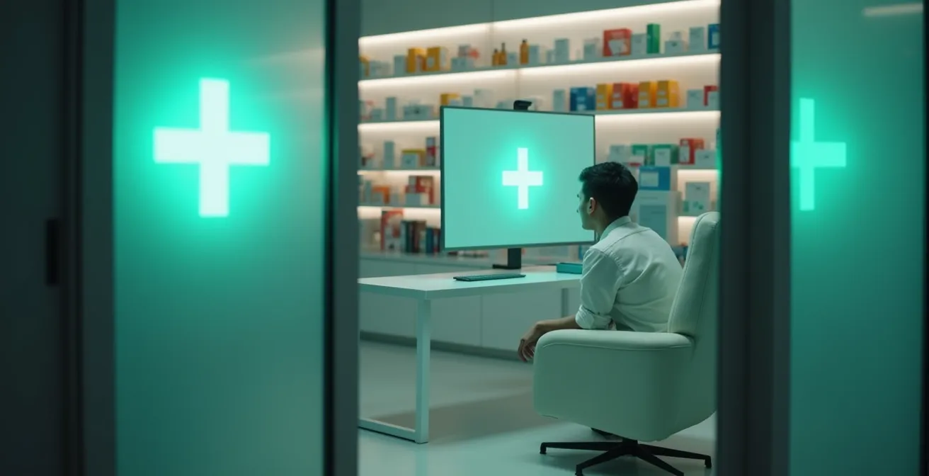 Interno di una moderna farmacia italiana con cabina privata attrezzata per telemedicina, ambiente professionale e riservato
