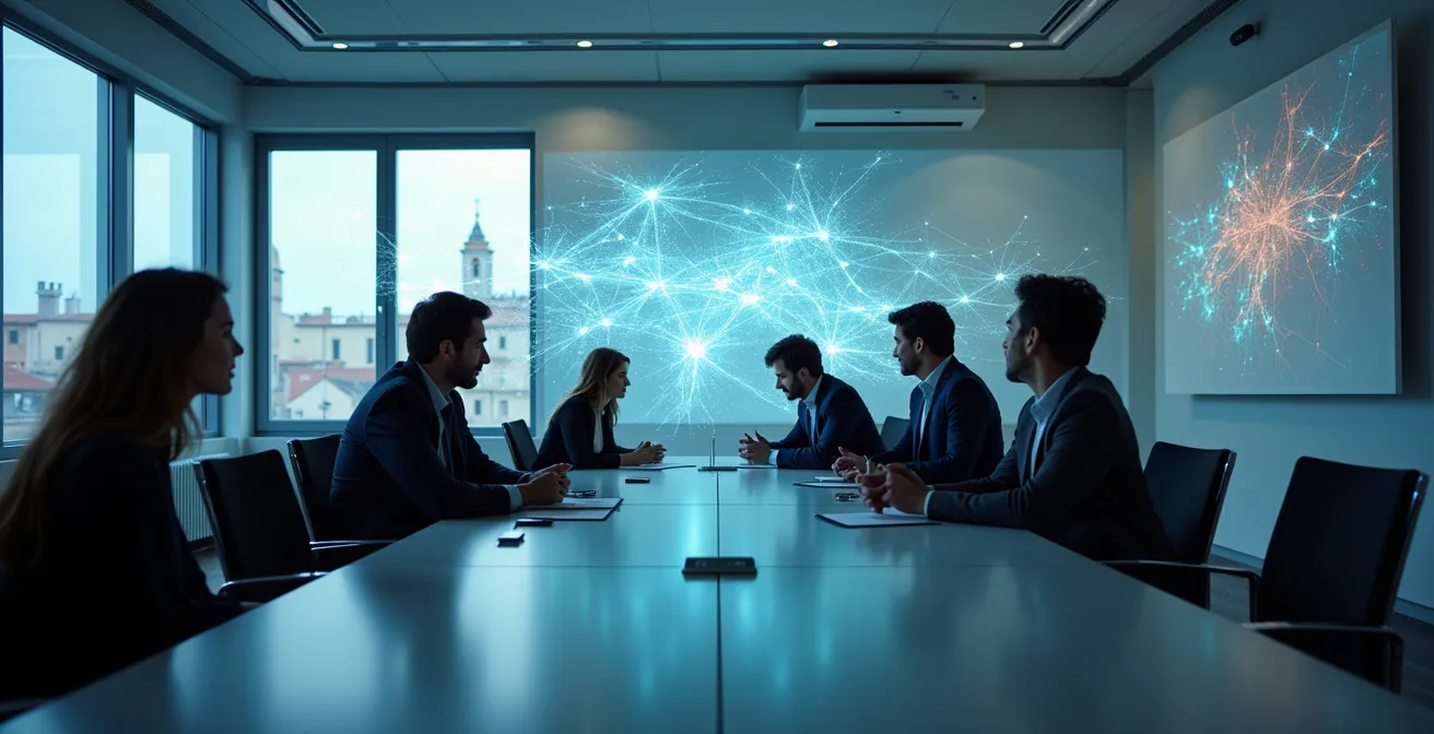 Team italiano in sessione di formazione AI con elementi visivi di apprendimento collaborativo