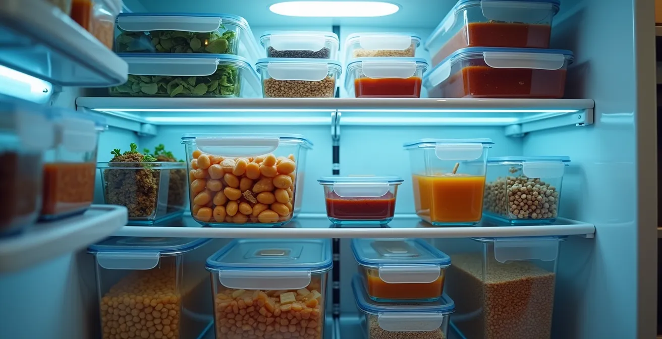 Freezer organizzato con contenitori etichettati per meal prep settimanale