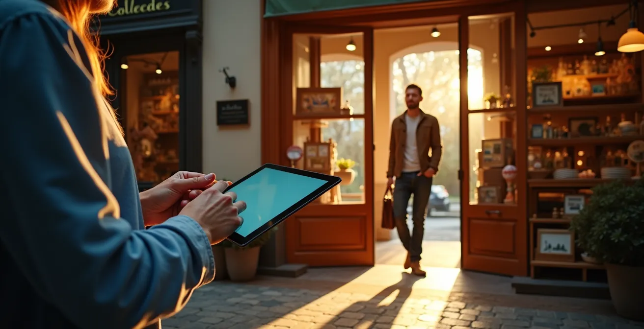 Negoziante italiano che risponde professionalmente a recensioni su tablet nel suo negozio