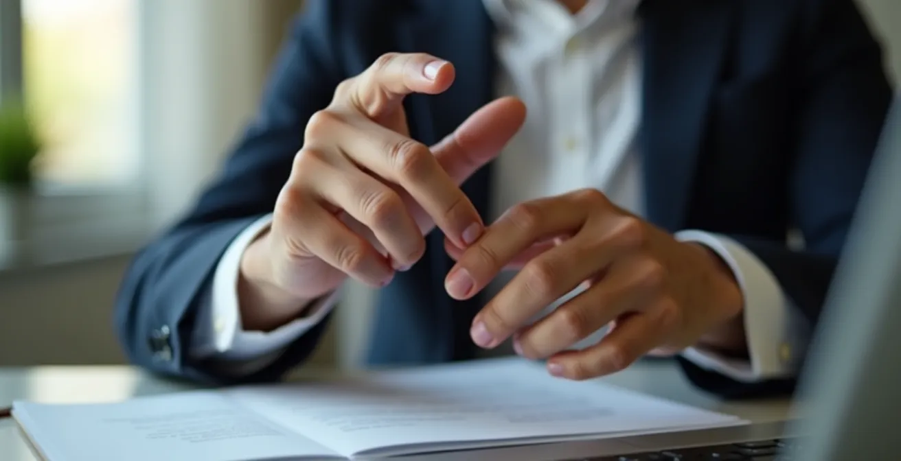 Professionista italiano durante videocolloquio con gestualità controllata e contatto visivo efficace