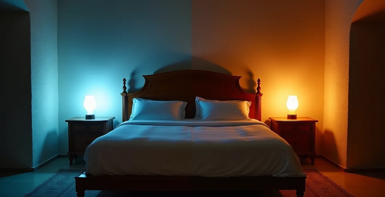 Stanza con illuminazione regolata per il ritmo circadiano, luce calda serale