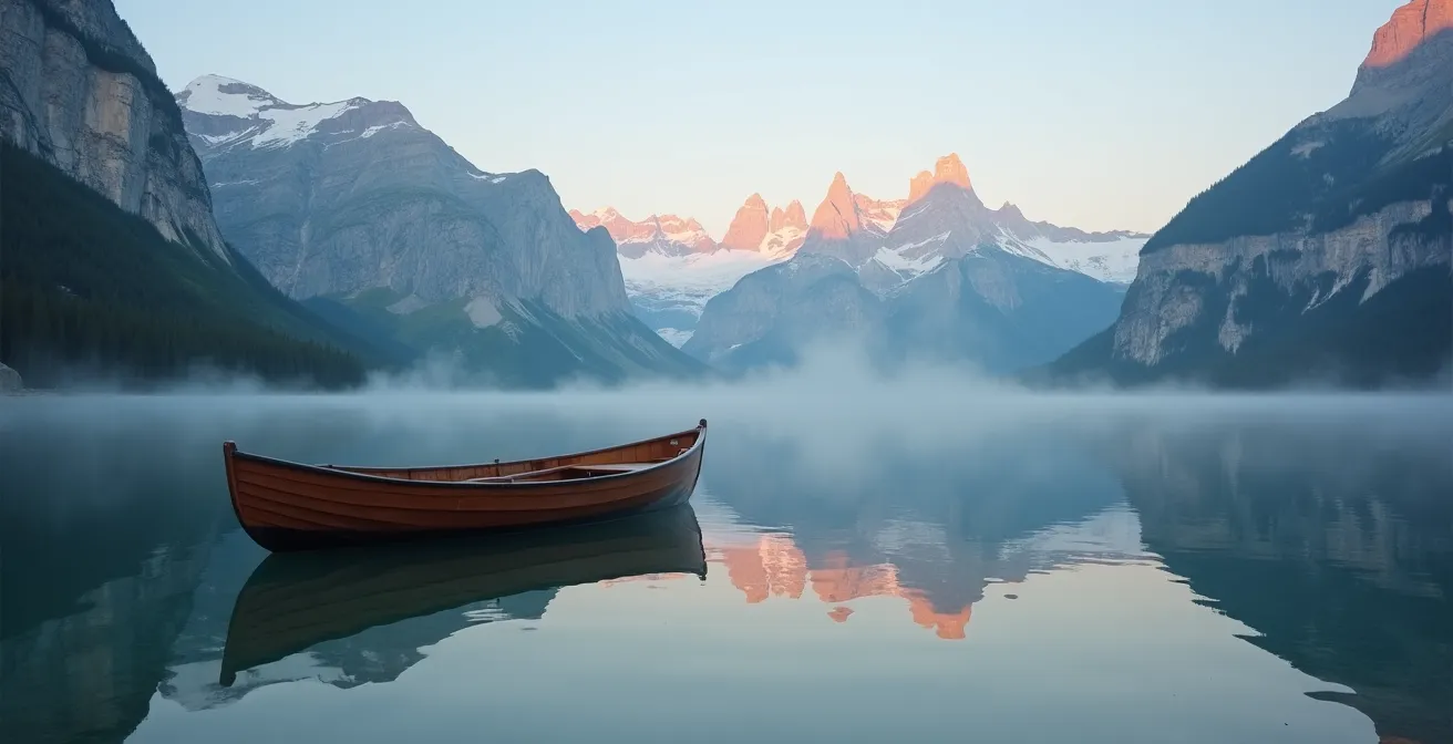 Alba dorata sul Lago di Braies deserto con riflessi delle montagne nell'acqua