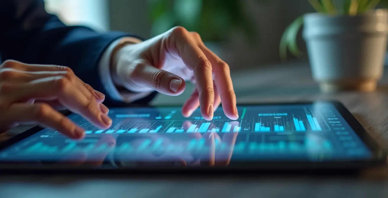 Professionista italiano che analizza dati aziendali su schermo con mappa locale sfocata