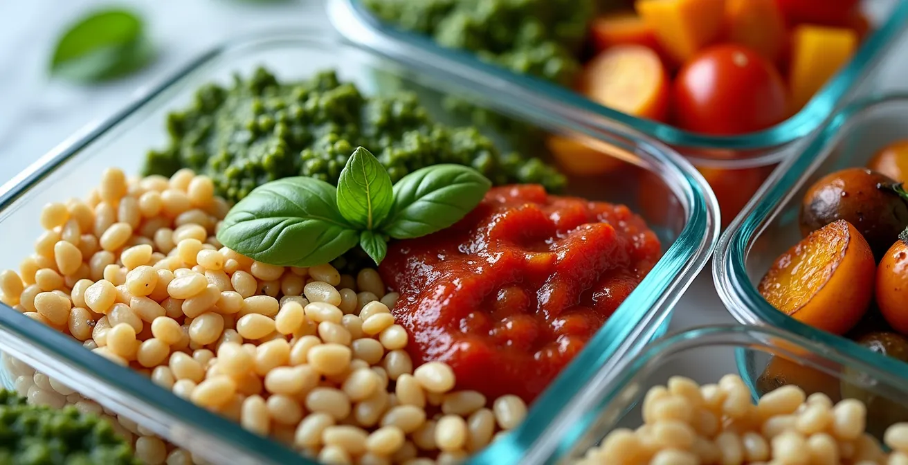 Contenitori in vetro con preparazioni base colorate per meal prep mediterraneo