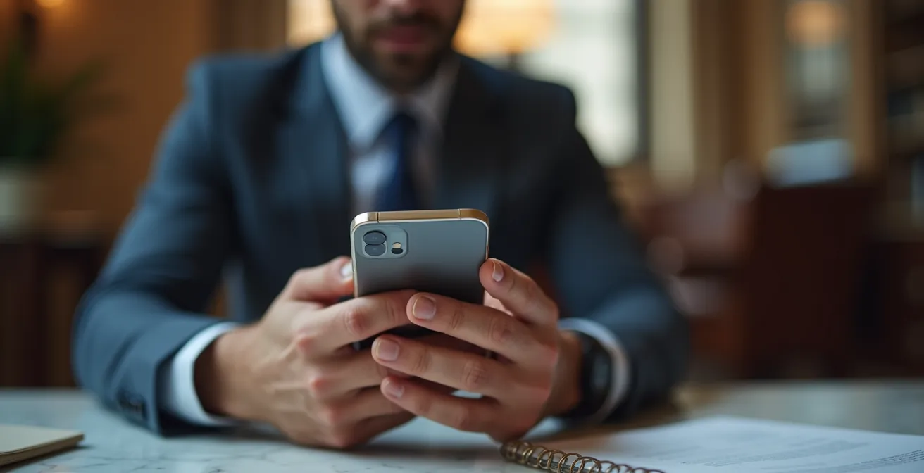 Professionista che scrive messaggio professionale su dispositivo mobile in ambiente business