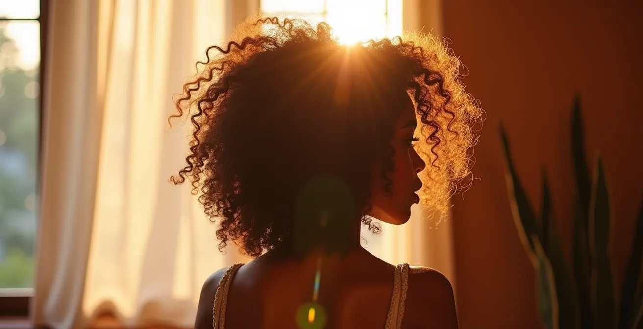 Donna con capelli ricci definiti in ambiente luminoso e naturale
