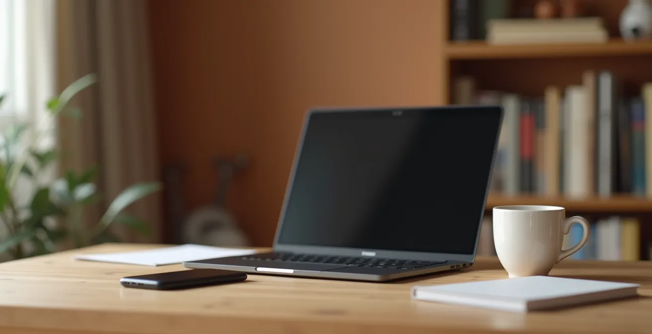 Spazio di lavoro minimalista italiano con iPhone e PC in modalità concentrazione