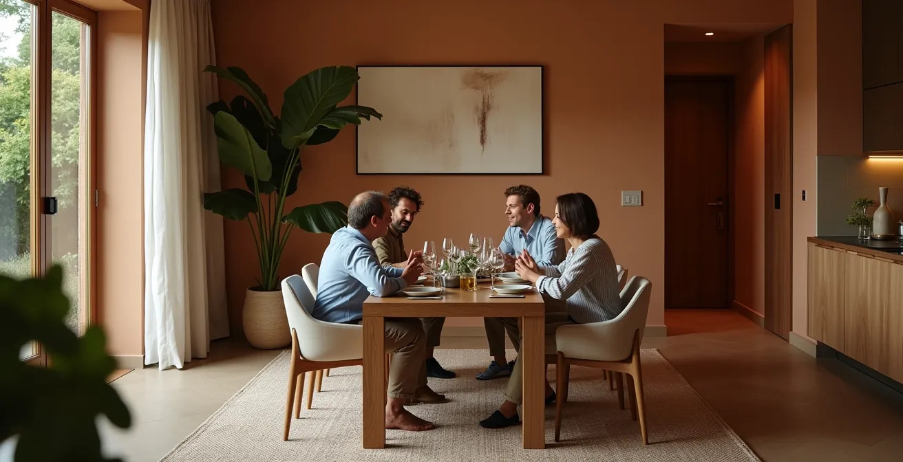 Soggiorno open space con elementi fonoassorbenti integrati nell'arredamento