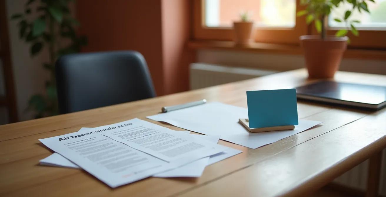 Scrivania ordinata con documenti medici, tessera sanitaria e dispositivo per videovisita pronto all'uso in ambiente domestico italiano