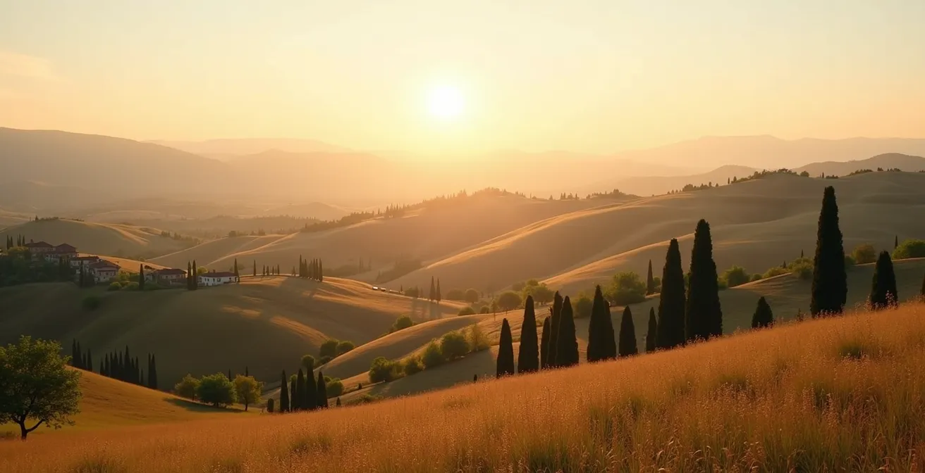 Vista panoramica delle colline toscane con architettura tradizionale e moderna