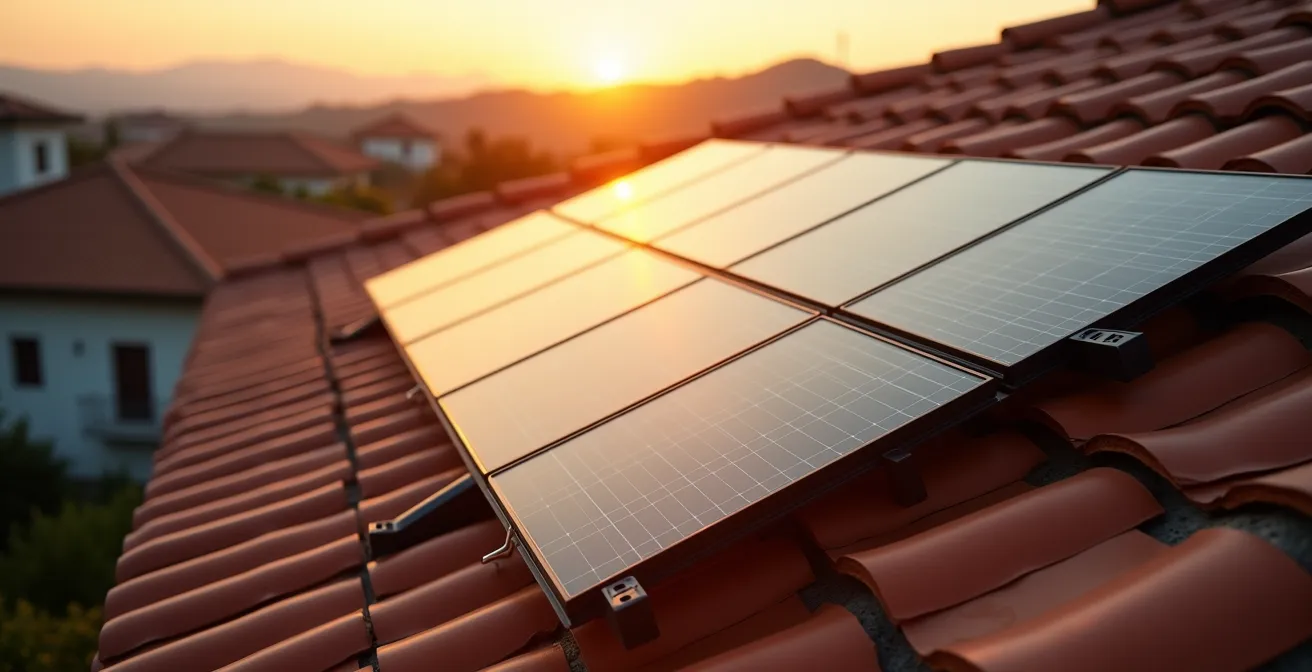 Vista aerea di pannelli solari su tetto di casa italiana con cielo azzurro e sole