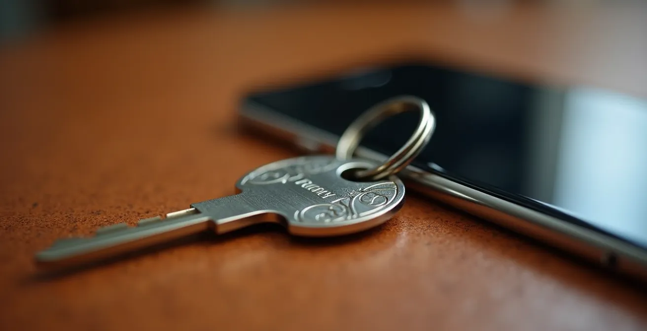 Dettaglio macro di chiave di sicurezza fisica e smartphone su scrivania italiana