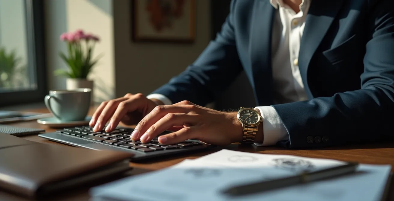 Manager italiano che compone un messaggio LinkedIn personalizzato nel suo ufficio milanese