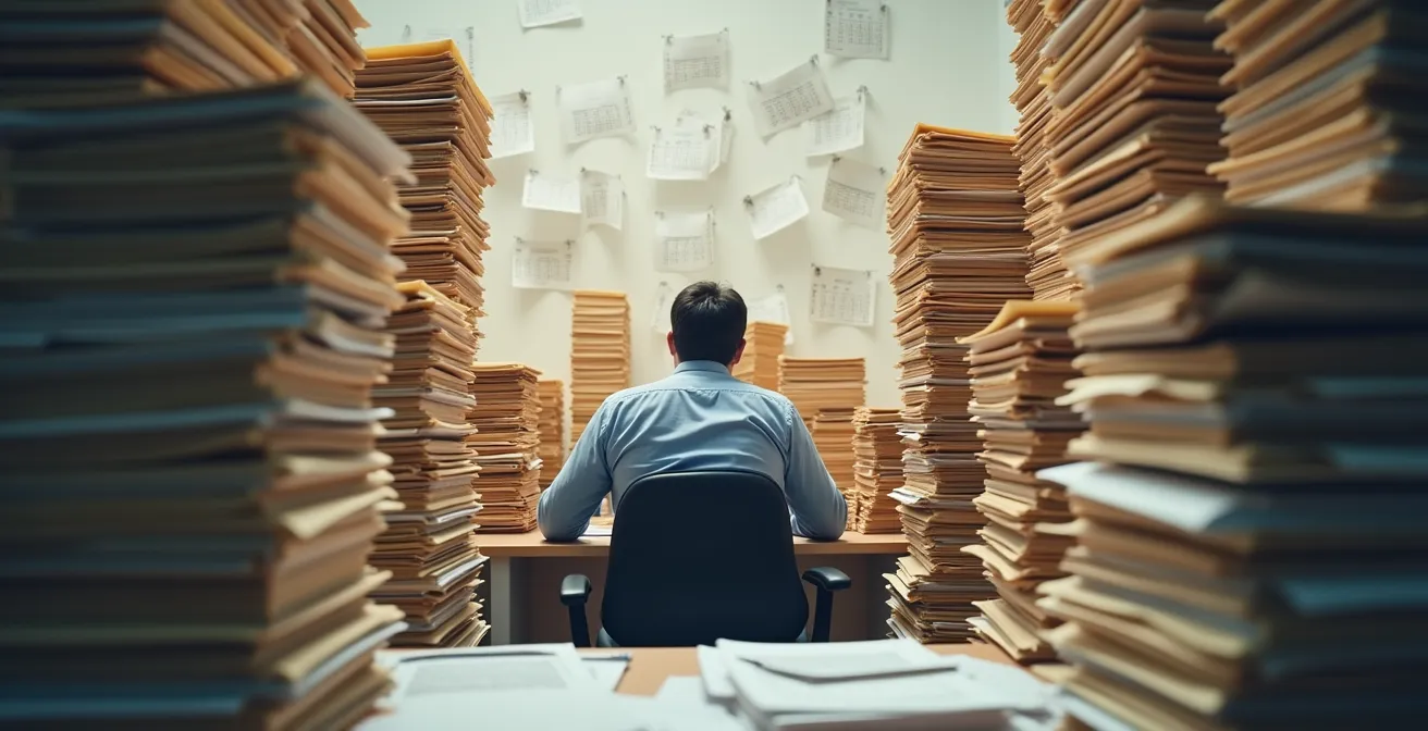 Professionista italiano esausto circondato da progetti e scadenze