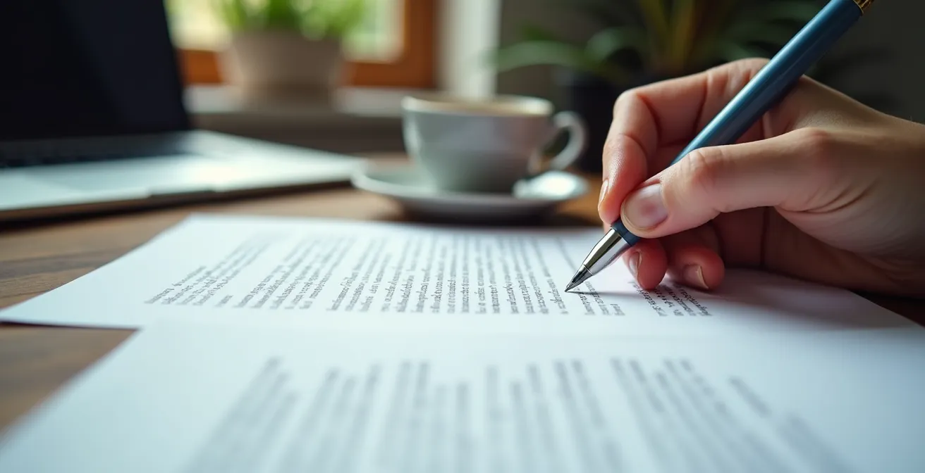 Mani di professionista che scrive su documento con laptop e caffè sulla scrivania