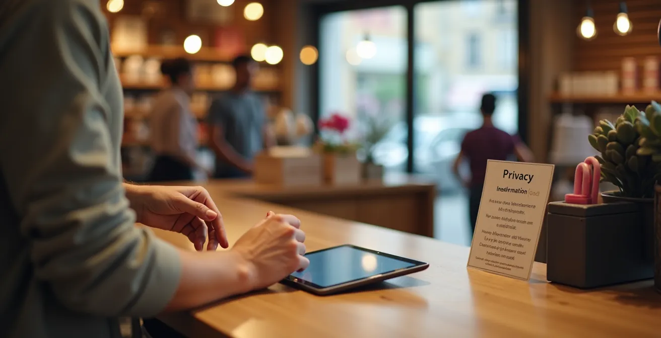 Cliente che inserisce email su tablet in cassa di negozio italiano con informativa privacy visibile