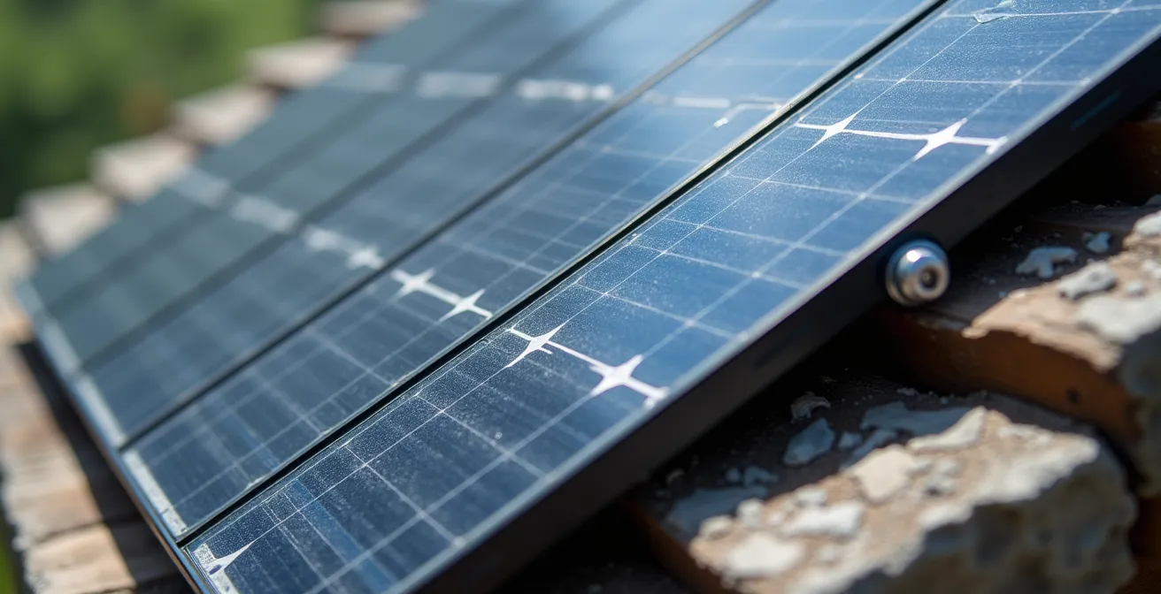 Dettaglio macro di pannelli solari integrati in un rifugio alpino in Trentino con texture naturali