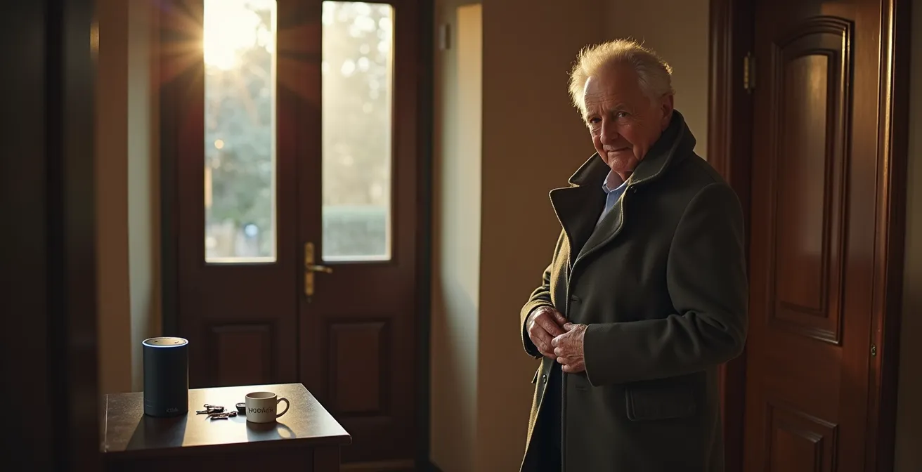 Anziano italiano che si prepara ad uscire di casa con assistenza vocale Alexa