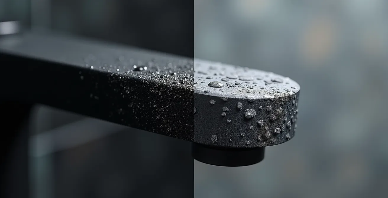 Dettaglio ravvicinato di rubinetto nero opaco con depositi di calcare visibili da un lato e superficie pulita dall'altro