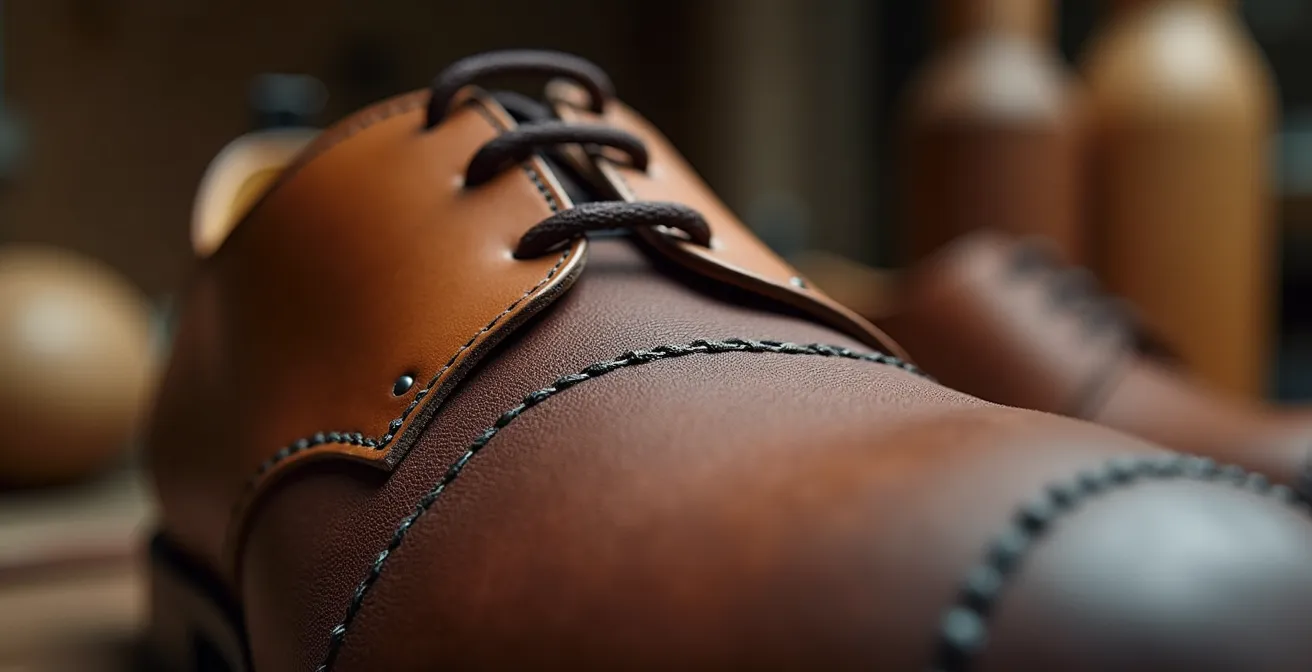 Dettaglio ravvicinato di scarpe artigianali italiane con cuciture visibili