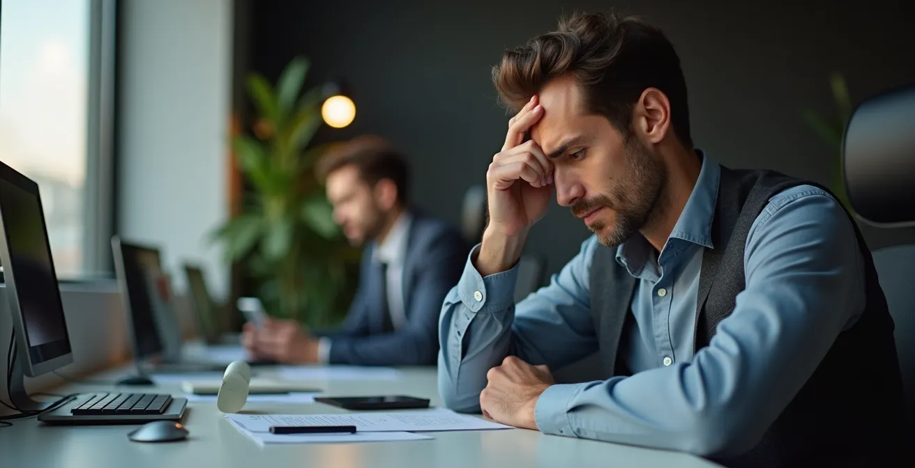 Manager italiano che mostra segni di stress fisico al lavoro