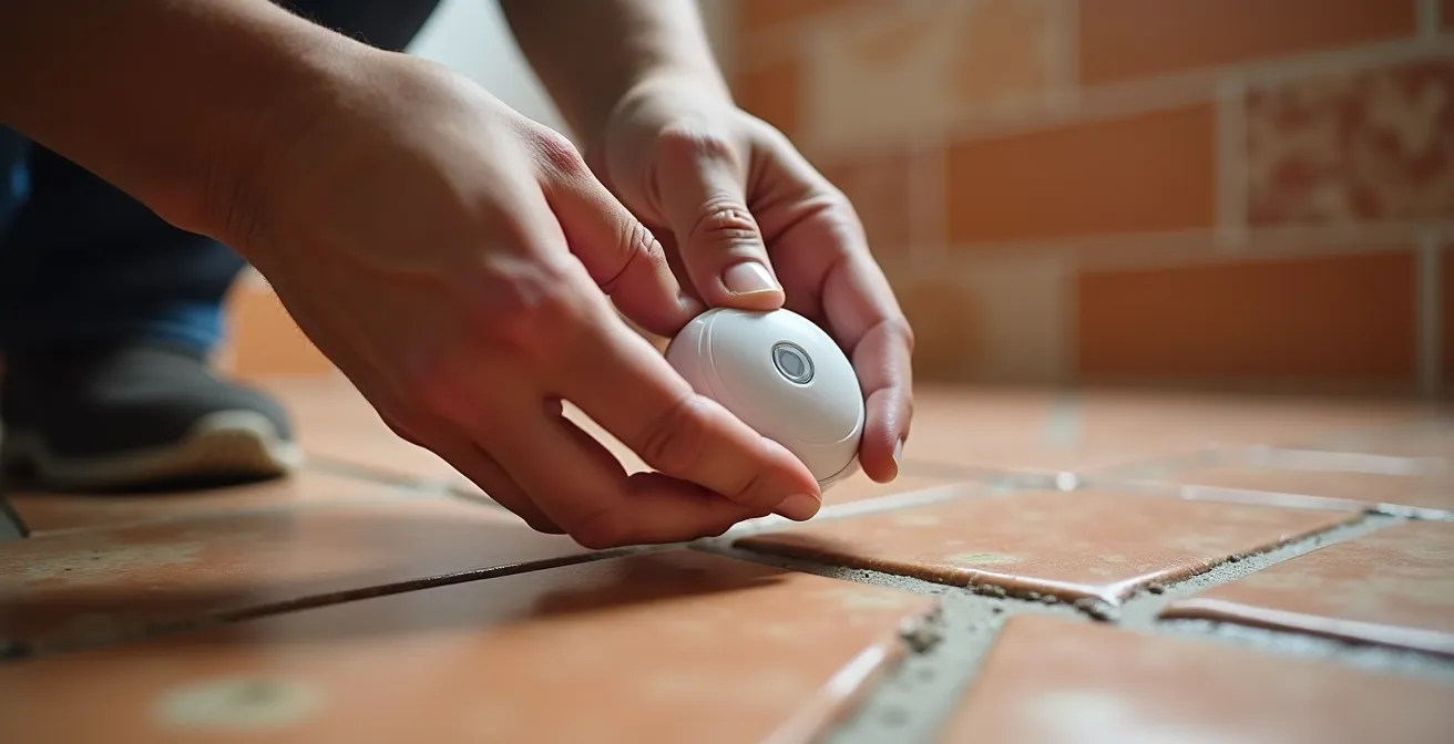 Sensore di allagamento installato in bagno italiano con piastrelle tradizionali