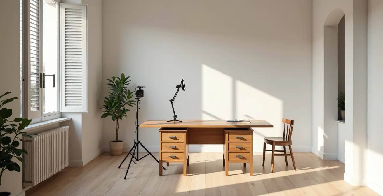 Home office italiano con setup per registrazione video professionale