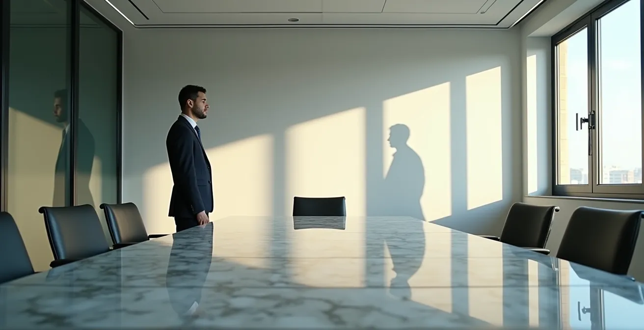 Professionista che pratica il silenzio attivo durante riunione tesa in sala conferenze italiana